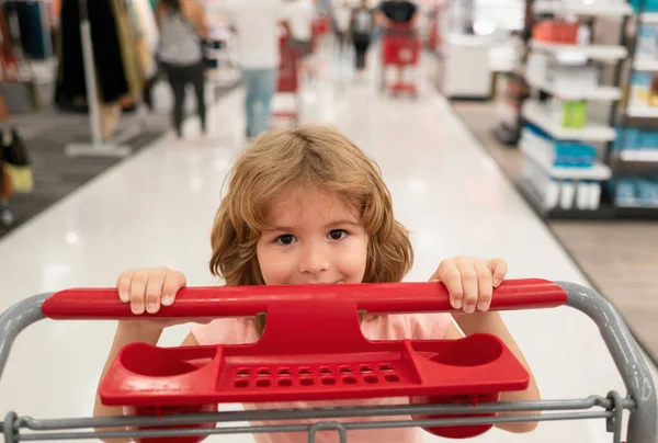 Zbliżenie Portret Dziecka Koszykiem Zakupów Zakupu Żywności Sklepie Spożywczym Klienci — Zdjęcie stockowe