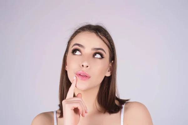 Thinking Concept Portrait Focused Smart Creative Woman Holding Fingers Cheek — Stock Photo, Image
