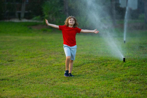 夏の日に庭でかわいい子供が遊ぶ 子供は裏庭で夏を楽しむ 小さな男の子は水噴霧スプリンクラーの下で実行して楽しんでいます 夏の草に水をやる 子供のための夏休み — ストック写真