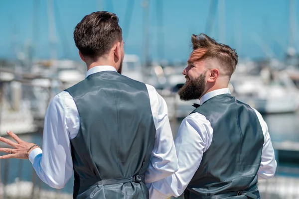 Hombre Gay Con Pareja Día Boda Las Parejas Lgbt Casadas — Foto de Stock