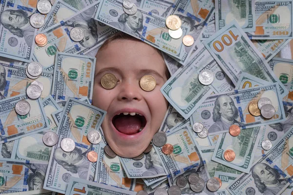 Winnaar Geld Amerikaanse Dromen Kinderhoofd Geld Leuk Kind Gezicht Dollars — Stockfoto