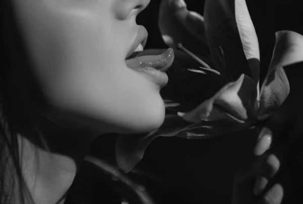 Koncepcja Glamour Art Kobiece Usta Lilią Orientalne Hybrydy Lilium Sexy — Zdjęcie stockowe