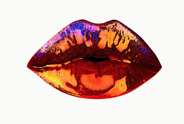 Sexy Lip Kus Lippen Geïsoleerd Witte Achtergrond Neon Lippenstift Mond — Stockfoto