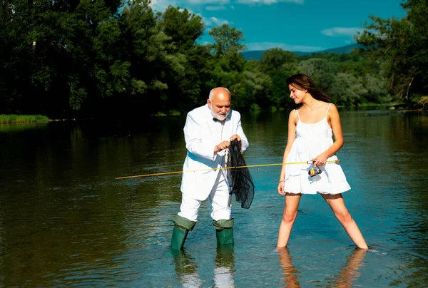 Funny Couple Young Pretty Beauty Woman Old Fisherman Standing River — Stock Photo, Image