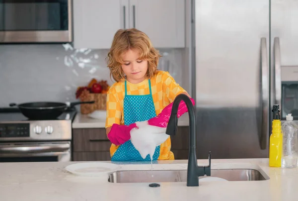 Cleaning House Cute Child Helping Household Wiping Dishes Kitchen Adorable — Stock Photo, Image