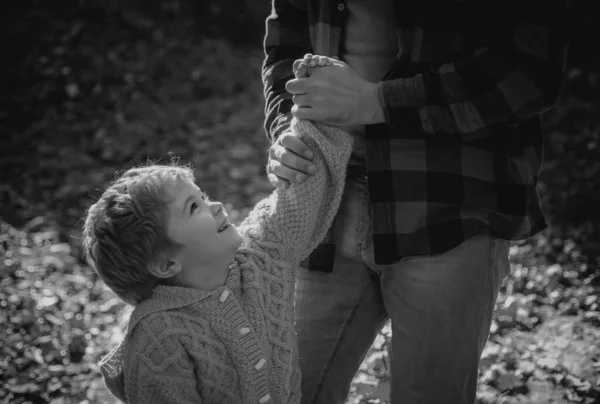 Silna Ręka Ojca Trzymająca Małego Synka Spacerującego Lesie Ciepły Jesienny — Zdjęcie stockowe