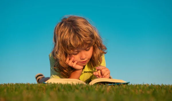Niño Con Libro Jardín Chico Está Leyendo Libro Jugando Aire —  Fotos de Stock