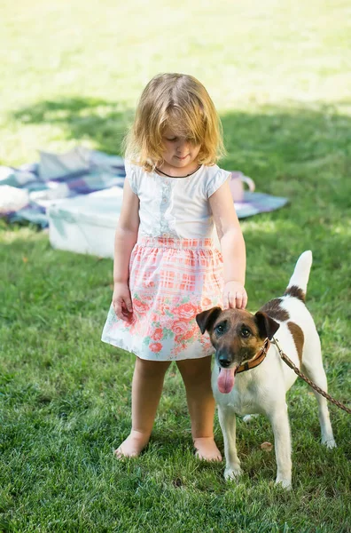 Petite Fille Jeu Enfant Avec Russell Terrier Chien Dans Parc — Photo