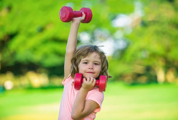 Sporty Boy Dumbbells Outdoor Fitness Kids Health Energy Healthy Kids — Stock Photo, Image
