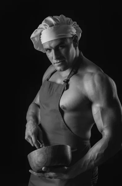 Sexy Kokende Man Een Schort Gespierde Chef Kok Met Kom — Stockfoto