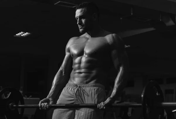 Fit Man Doet Biceps Tillen Lange Halter Macht Kracht Gezonde — Stockfoto