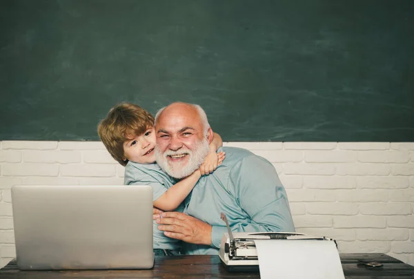 Hug Embrace World Teachers Day Grandfather Grandson Learning Lesson Together — Stock Photo, Image
