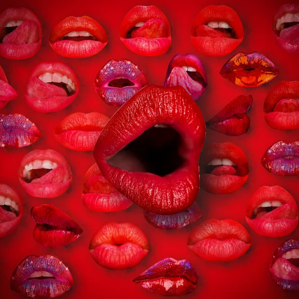 Usta Usta Kobieca Warga Czerwonym Tle Sexy Usta — Zdjęcie stockowe