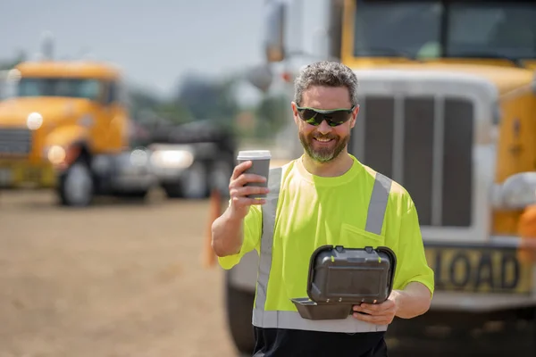 Man Driver Lunch Box Truck Driver Having Take Away Lunch — Stock Photo, Image