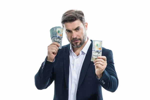 Portrait Business Man Holding Cash Dollar Bills White Background Big — Stock Photo, Image