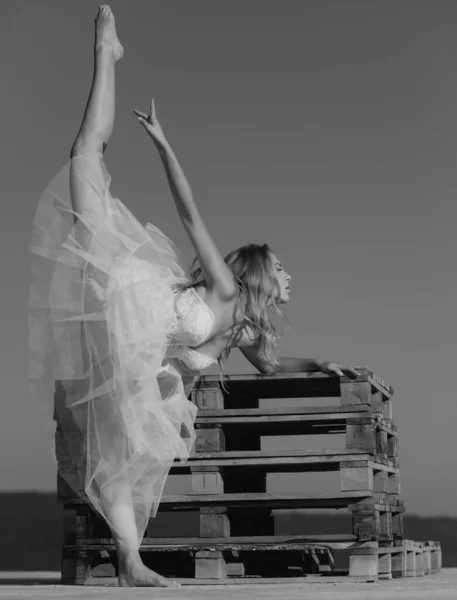 芭蕾舞艺术 年轻健康的女人伸展身体 分头摆姿势胖胖的小女孩做健身锻炼 过着健康的生活 腿分开 柔韧的女孩做分开 舞蹈工作室 — 图库照片