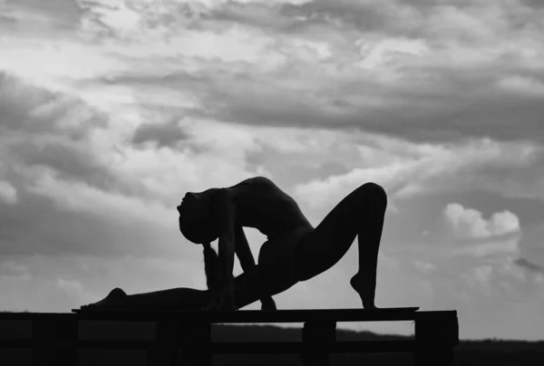 Silhouette Giovane Bella Donna Abiti Sportivi Facendo Stretching Prima Dell — Foto Stock