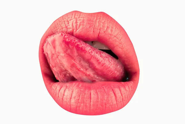 Macro Tongue Lick Lips Close Woman Mouth Sexy Tongue — Stock Photo, Image