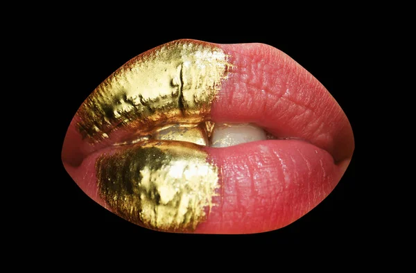 Sexy girl golden lips, gold mouth. Glowing gold skin make-up. Glitter metallic shine golden lipgloss makeup. Beauty and fashion