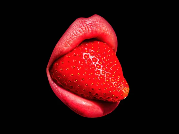 Φράουλα Γλώσσα Σέξι Χείλη Στόμα Τέχνης Απομονώνονται Μαύρο Φόντο — Φωτογραφία Αρχείου