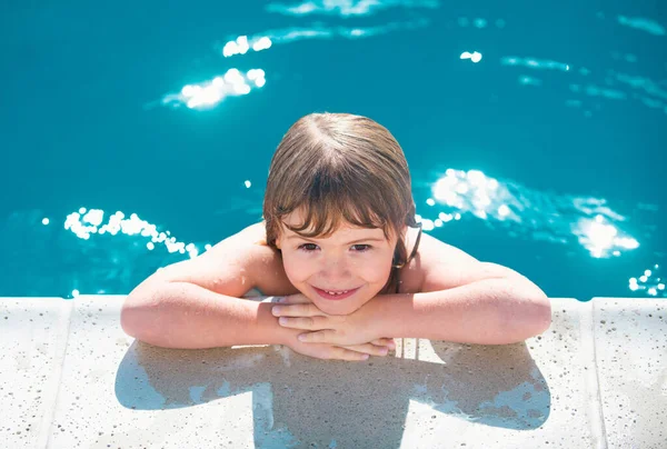 Portrait Cute Child Boy Swimming Pool Close Caucasian Kids Face — Stock Photo, Image