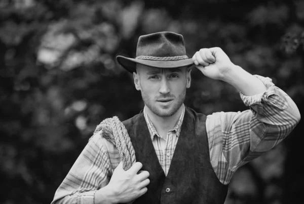 Cowboy Farmer Man Country Side Wearing Western Cowboy Hat Cowboy —  Fotos de Stock