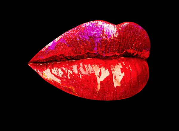 Sexy Lip Met Rode Lippenstift Kus Geïsoleerd Zwarte Achtergrond — Stockfoto