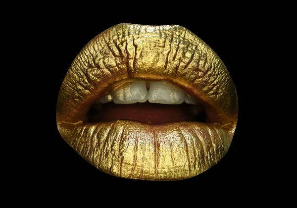 Glamour golden lips. Golden lipstick closeup. Lips with metal makeup. Sexy lips, Metallic lipstick close up