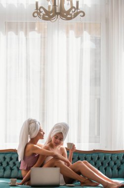 İki kız arkadaş konuşuyor ve kahve içiyor. Oturma odasında bir kanepede oturuyor. Sabah dinleniyor, evde dinleniyor.