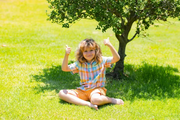 Vacances Été Enfant Jouant Dans Jardin Joyeux Petit Garçon Assis — Photo