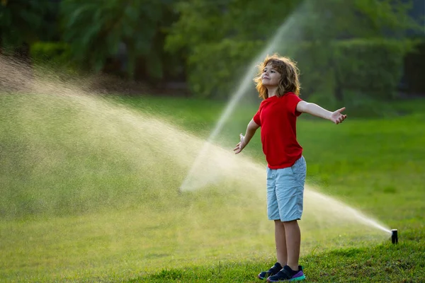 stock image Kids play with water hose, sprinkler watering grass in the garden. Summer garden outdoor fun for children. Boy splashing water on hot summer day. Kid watering plants and grass in backyard