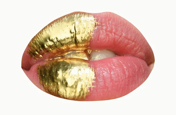 Lip Icon Gold Lips Gold Paint Mouth Golden Lips Woman — Stock Photo, Image