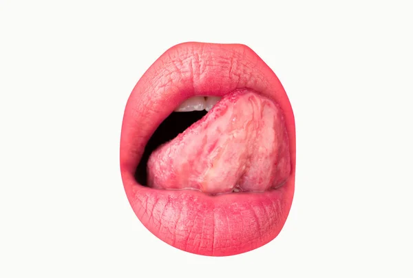 Langue Lèvres Féminines Sexy Langue Macro Lèche Les Lèvres Gros — Photo