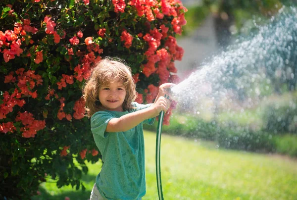 Happy Little Boy Having Fun Domestic Garden Child Hold Watering — Stock Photo, Image