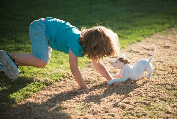 Χαριτωμένο Παιδί Απολαμβάνει Τον Κολλητό Του Σκύλο Αστείο Παιχνίδι Για — Φωτογραφία Αρχείου