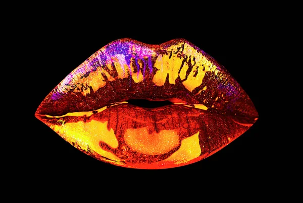 Seksowne Pulchne Usta Neonowa Tęczowa Szminka Kolorze Złotych Ust Izolacja — Zdjęcie stockowe