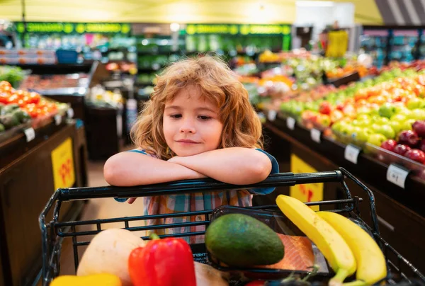子供はスーパーで買い物をしている スーパーや食料品店で新鮮な有機野菜や果物でいっぱいのショッピングカートを持つ小さなかわいい男の子 — ストック写真