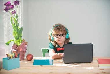 School pupil student kid studying online using laptop, remote learning online, pupil portrait
