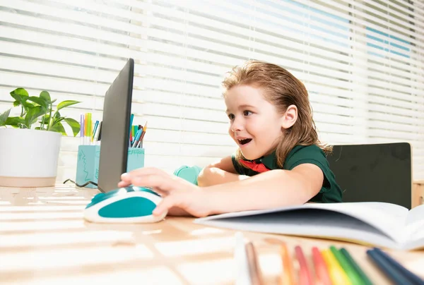 Amazed School Boy Using Laptop Preparing Homework Happy Pupil Doing — Stock Fotó