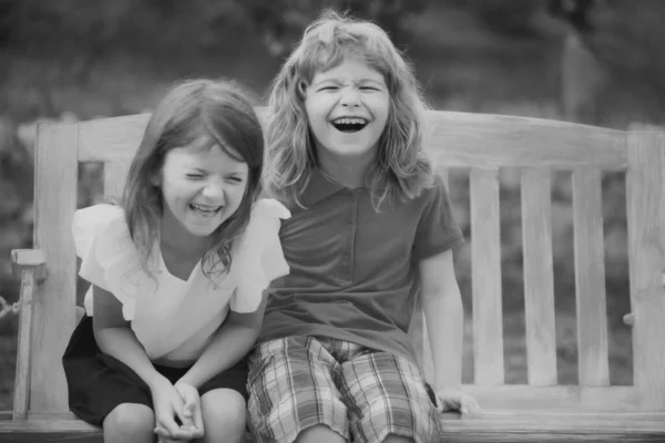 Két Vigyorgó Nevető Gyerek Szabadban Pihen Nyári Parkban Testvérek Boldog — Stock Fotó
