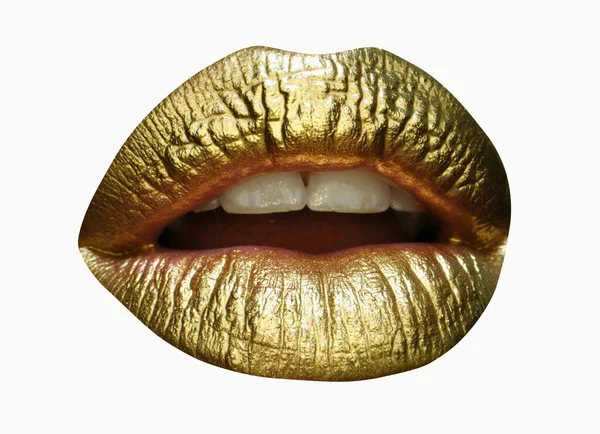 Cosméticos Maquilhagem Lábios Ouro Batom Lustro Lábios Sexy Sensual Lábios — Fotografia de Stock