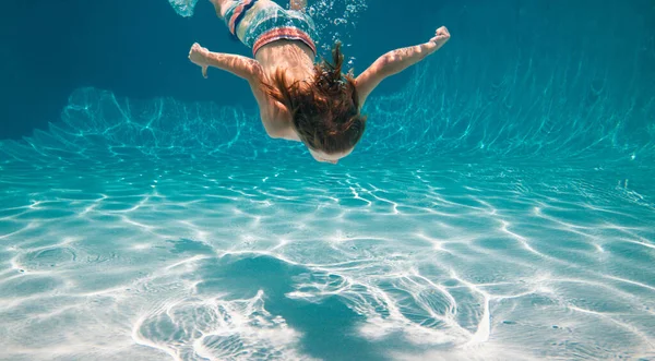 Kid Boy Swimming Underwater Summer Vacation Children Tropical Resort Kid — Stock Photo, Image