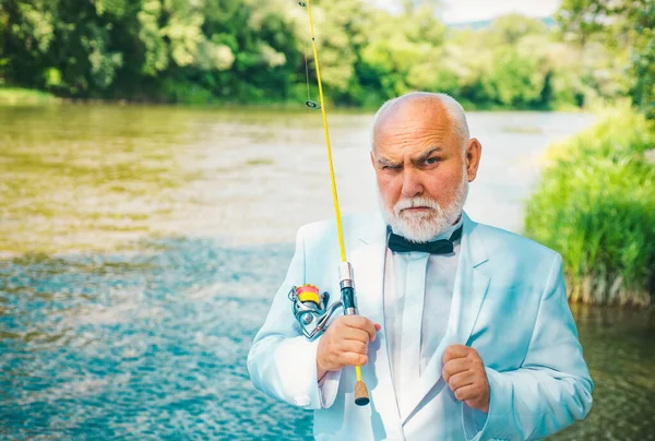 Portrait Senior Businessman Fishing Excited Mature Man Fisherman White Suit — Stock Photo, Image