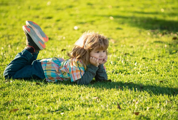 Ребенок Природе Парке Весенний Ребенок Лежит Траве Летний Мальчик Ходит — стоковое фото