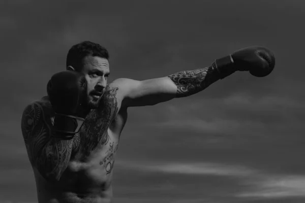 Portrait Boxeur Masculin Résistant Posant Dans Des Gants Boxe Combattant — Photo