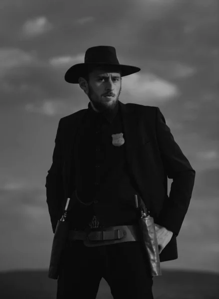Sheriff Cowboy Black Suit Man Vintage Pistol Revolver Marshal Ammunition — Stock Photo, Image
