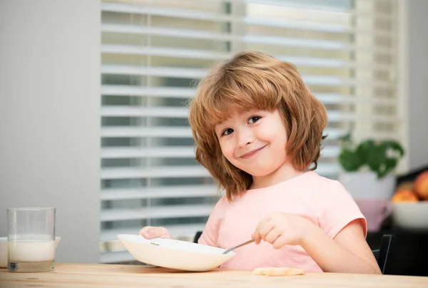Child Eat Little Healthy Hungry Boy Eating Soup Spoon — Stock Photo, Image