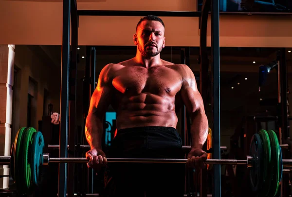 Muscular Man Doing Biceps Lifting Barbell Portrait Athletic Man Shirt — Stockfoto