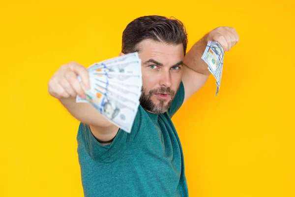 Money Cash Dollar Banknotes Concept Portrait Man Holding Bunch Money — Stock Photo, Image