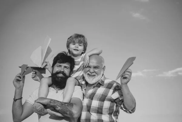 Cute Child Hugging His Father Grandfather Happy Smiling Boy Shoulder — Foto Stock